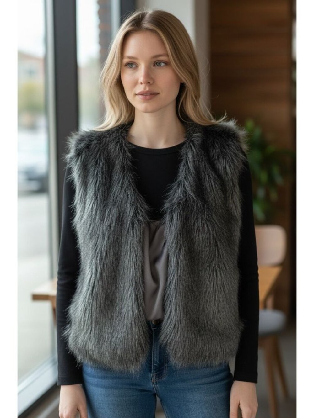 NEW SPIEGEL Womens Luxurious Charcoal Gray Faux Fur Chic Vest Elegant Winter